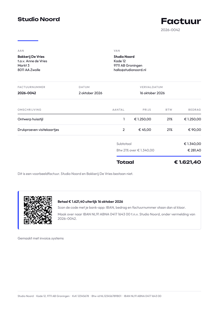 Voorbeeldfactuur van Studio Noord aan Bakkerij De Vries, met twee regels, btw 21%, totaal € 1.621,40 en een betaal-QR